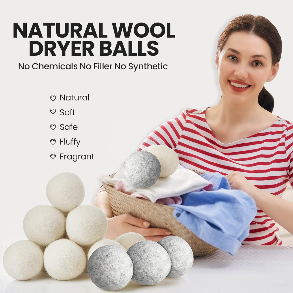 Roowest 56 Pieces Wool Dryer Balls Set 54 Reusable Wool Balls with 2 Muslin Bags Wool Laundry Balls Fabric Softener Ball Anti Wrinkle Anti Static Saving Energy and Time
