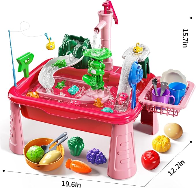 Water Table for Toddlers 3-5- Kids Play Sink with Pump and Running Water, Water Table for Kids Ages 4-8 with Fishing Game, Summer Outside Sensory Gift Toys for Boy and Girl 3 4 5 6 7 8 (Red)