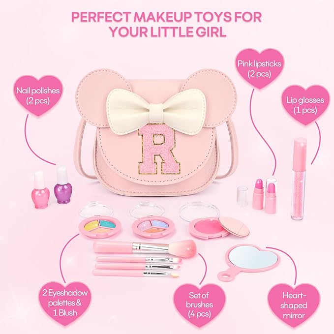 Kids Makeup Kit for Girls - 15 Pcs Real Washable Make Up Set - Non Toxic Toddlers Cosmetic with Letter Mouse Ear Purse - Dress up Birthday Gifts for 3 4 5 6 7 8 Years Old Girls - R