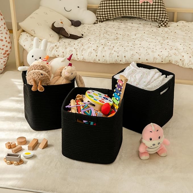 OIAHOMY Storage Cubes 11 Inch Storage Bins-3-Pack, Cotton Rope Woven Baskets for Organizing, Square Storage Baskets for Shelves Organizer, Classroom, Kids Toy Bins, Closet, Baby Nursery-Black