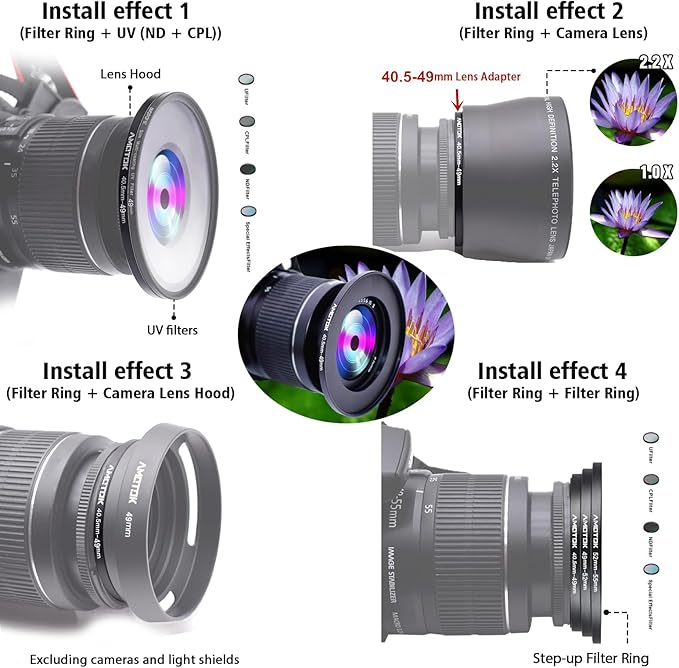 40.5mm Lens to 49mm Camera Lens Adapter,40.5mm to 49mm Filter Step up Ring Adapter Ring,Compatible All 49mm Filter Accessory.Made from CNC Machined