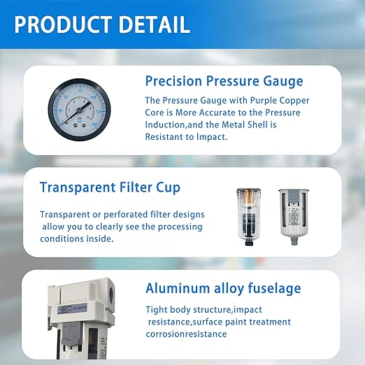 XingNEeng 3/4" NPT Compressed Air Filter Regulator Combo Piggyback, Water/Oil Trap Separator with Pressure Gauge(0-150 psi), Semi-Auto Drain, Poly Bowl, 5 Micron Brass Element, Metal Bracket