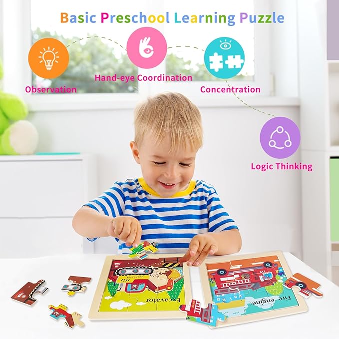 Wooden Puzzles for Toddlers 2-4, 9 Pieces Vehicle Jigsaw Puzzles for Kids Ages 3-5, Toddler Toys for 2-4 Preschool Learning Activities, Learning & Educational Toys, Gifts for Boys, Girls