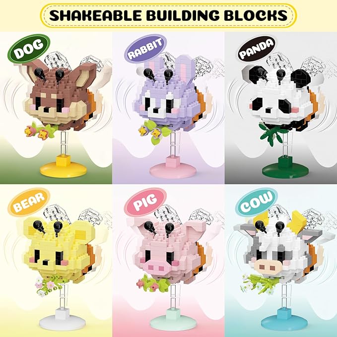 Cute Cartoon Animal Mini Micro Building Blocks Set - 6 Mini Designs with Display Stands, Ideal for Party Favor for Kids and Building Blocks for Adults. Educational Toys for Kids