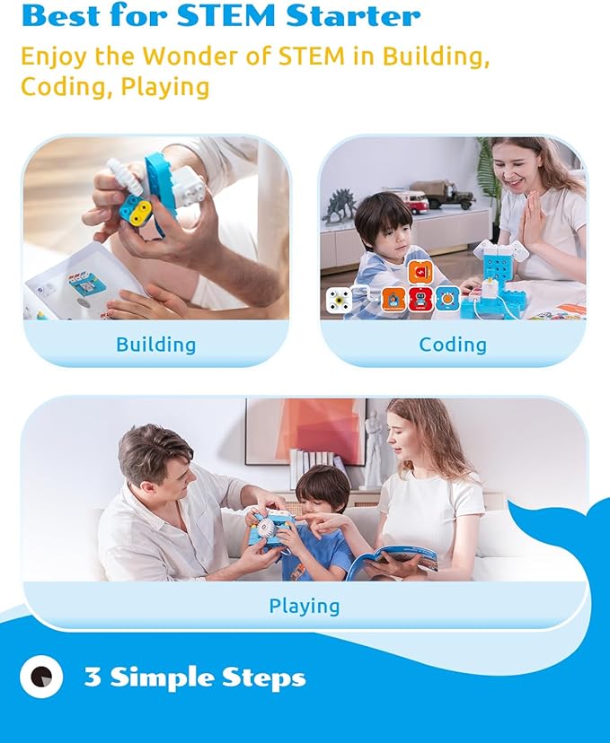 WhalesBot A1 Coding Toy for Kids, Building Block Robot, Fun STEM Toy with Magnetic Controller and Sensor Blocks, Screen-Free Coding with 3 Guide Books for Kids 3-6
