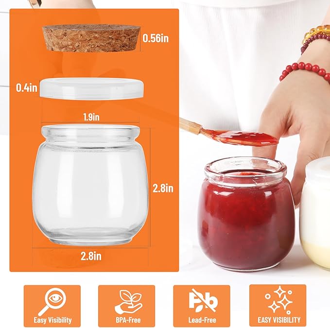 7oz Glass Jars with Cork & PE Lids 20Pack, Small Glass Pudding Jar for Wedding Favors, Milk, Jams and DIY Gift, Yogurt Jars with Tags and Twine Included