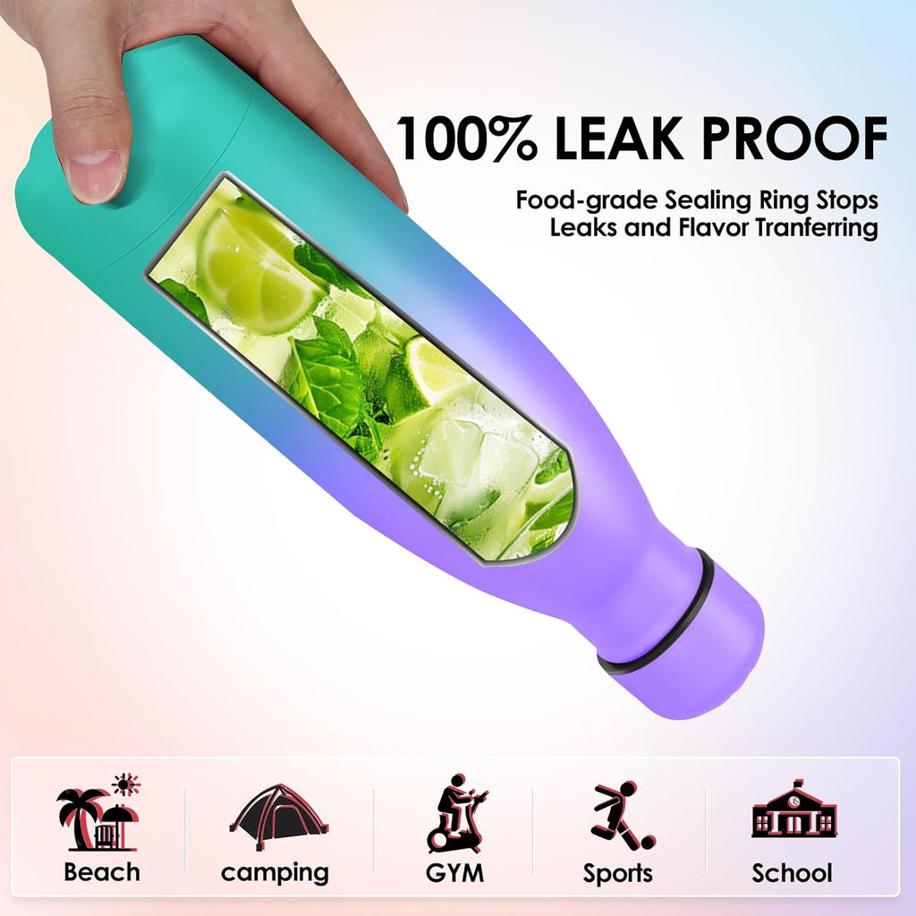 25oz Cola-Bottle Shaped Stainless Steel Leak-proof Water Bottle,Double Wall Vacuum Insulated Metal,Travel Mug For Sports Indoors & Outdoors,BPA-Free Kids Flasks,Purple Green(1 Pack)