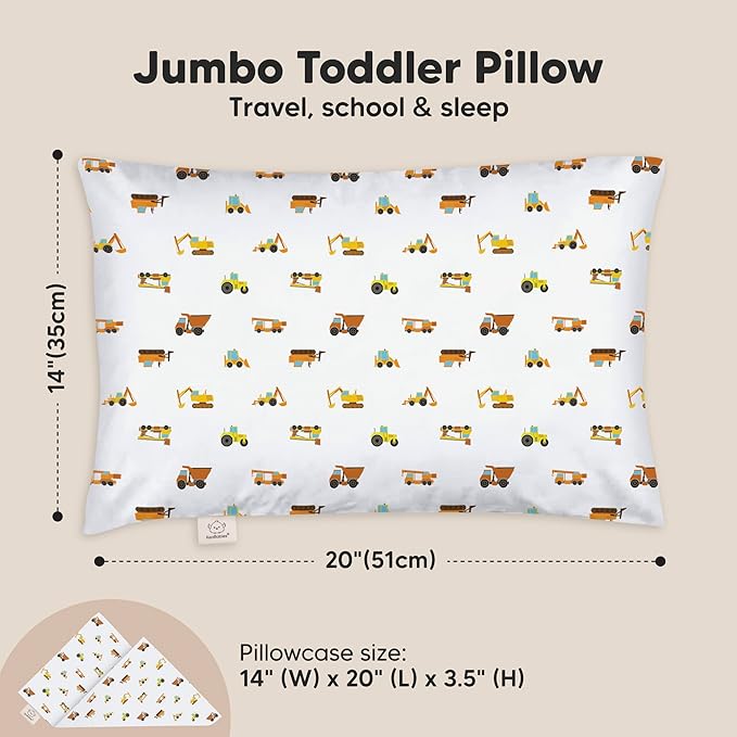 KeaBabies Toddler Pillow with Pillowcase, Jumbo 14X20 - Soft Organic Cotton Toddler Pillows for Sleeping - Machine Washable - Perfect for Travel, Toddler Bed Set (Construction)