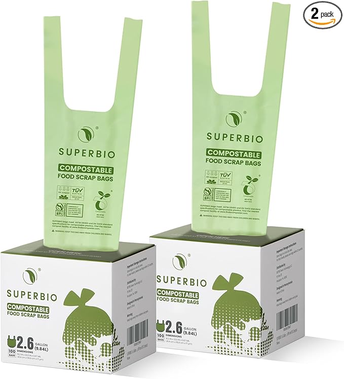SUPERBIO 2.6 Gallon Compostable Bags, 100 Count, 2 Pack, 9.84L, Handle Tie Food Waste Bags, BPI and OK compost INDUSTRIAL Certified