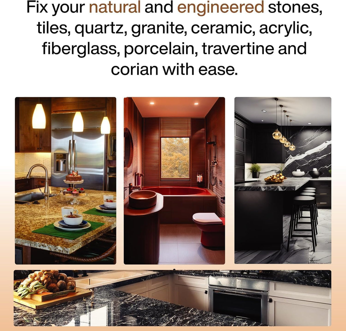UBA Tuba & Black Stone Repair DIY Kit (Red, Black & Clear Color) - Ideal as Granite Repair Kit I Works Great as Quartz Countertop Repair Kit I Also for Ceramic, Tile and Porcelain Repair Kit
