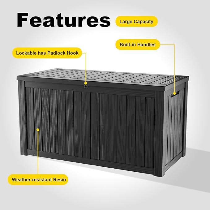 DRATO 150 Gallon Outdoor Storage Box, Large Waterproof Deck Box, Lockable Resin Storage Container with Reinforced Support for Patio Cushions, Garden Tools, UV-Resistant Outdoor Chest（Black）