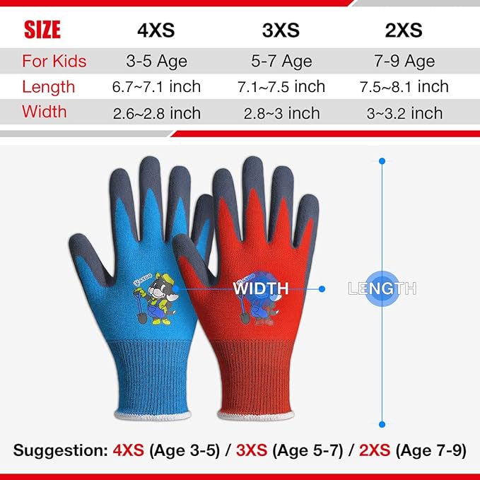 KAYGO Kids Gardening Gloves 4 Pairs - Polyester Seemless knitted with Latex Sandy Finish Coating, KGKID100, Ideal for kids gardening, DIY,Light duty works, and outdoor activities (XXXS (Age 5-7))