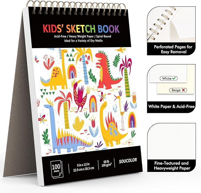 Soucolor 9" x 12" Kids Sketch Book, 100 Sheets Spiral Bound Art Sketchbook, Acid Free Artist Drawing Book Paper, Art Supplies for Adults, Craft Activities, Sketch Paper for Drawing Coloring Sketching