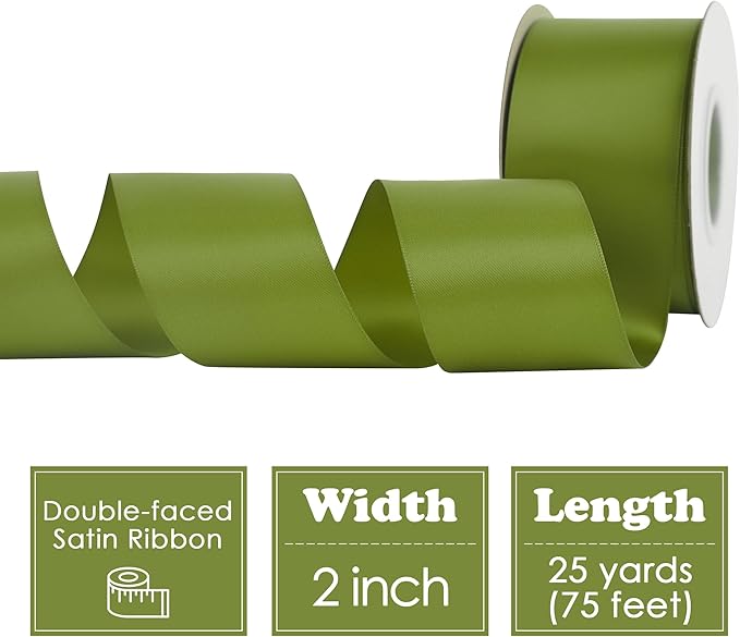 HUIHUANG Olive Green Ribbon 2 inch Wide Double Faced Satin Ribbon Green Ribbon for Gift Wrapping, Bows Making, Flower Bouquet, DIY Crafts, Bridal Shower, Holiday Party Decor -25 Yards/Roll