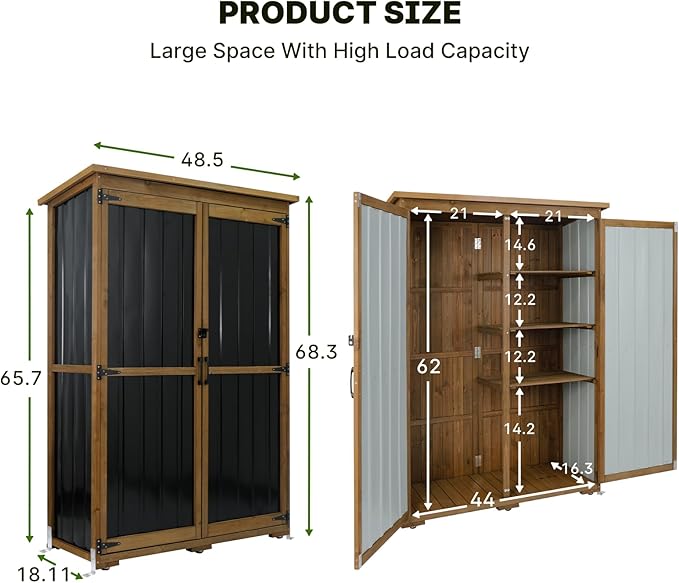 Outdoor Storage Cabinet Wood & Metal with Waterproof Roof, Garden Tool Shed with 4 adjustable reinforced feet with metal brackets, 3 Removable Shelves, 6 T-Hinge, Magnetic door,18.1"D x 49"W x 68.5"H