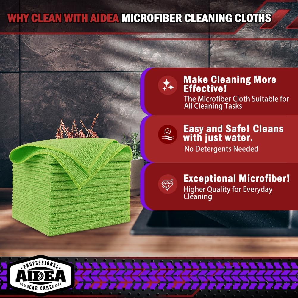 AIDEA Microfiber Cleaning Cloth, 20PK, Microfiber Towels for Cars, Premium All Purpose Car Cloths, Dusting Cloth Cleaning Rags, Absorbent Towels for SUVs, House, Kitchen, Window, 12"×12", Green