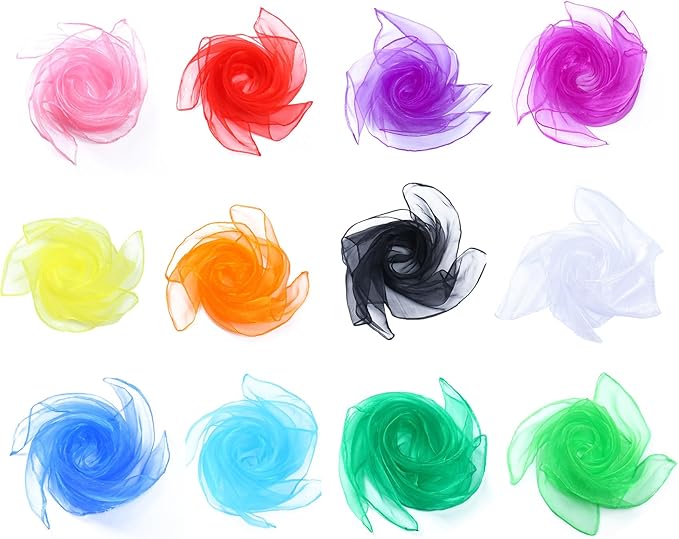 BoAn 12 PCS Dance Juggling Scarves, Silk Square Music Magic Movement Scarves, Children Movement Music Scarf, Colorful Scarves for Kids Play- 12 Colors, 24 by 24 Inches