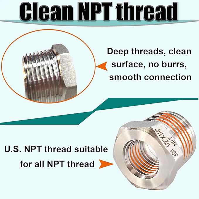 1" Male to 1/2" NPT Female Hex Bushing Reducer, 304 Stainless Steel NPT Reducing Adapter Pipe Fitting, Heavy Duty Pipe Hex Bushing for Reducing Pipe (1” MNPT x 1/2” FNPT)
