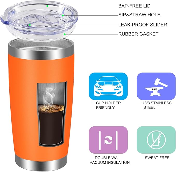 VEGOND 20oz Tumbler with Lid and Straw Stainless Steel Tumbler Cup Bulk Vacuum Insulated Double Wall Travel Coffee Mug Powder Coated Coffee Cup(Orange 12 Pack)