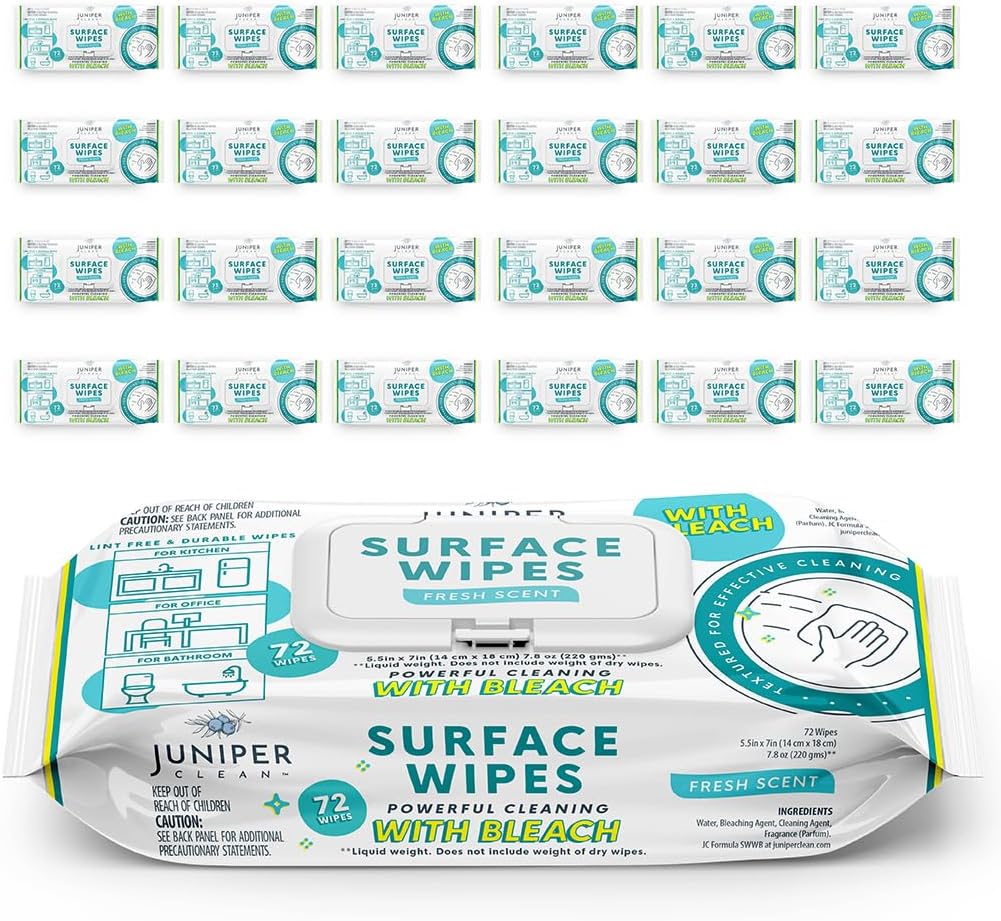 24 Pack Surface Cleaning Wipes with Bleach, All-Purpose Cleaner for Bathroom, Kitchen, Office, 1728 Count Soft Flow, Fresh Scent, Lint Free & Durable