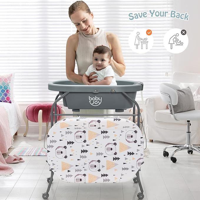 BABY JOY Baby Bathtub with Changing Table, Foldable Infant Diaper Changing Station with Storage Tray, Waterproof Pad, Portable Newborn Nursery Organizer Bath Stand with 4 Universal Wheels (Gray)