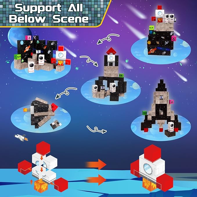 Goody King 100PCS Space Rocket Magnetic Building Blocks |Space Adventure Magnetic Tile Set, STEM Montessori Stacking Toy, Building Playsets for Boys and Girls Ages 3-10,Sensory Tile Christmas