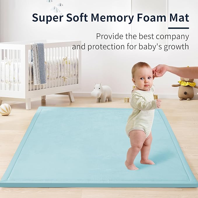 ACOMOPACK Baby Play Mat for Floor 1.3" Thick Memory Foam Play Mat 39"×59" Tummy Time Crawling with Non-Slip Bottom for Living Room,Nursery,Soft Velvet Playpen Mats for Kids,Infants（Light Blue）