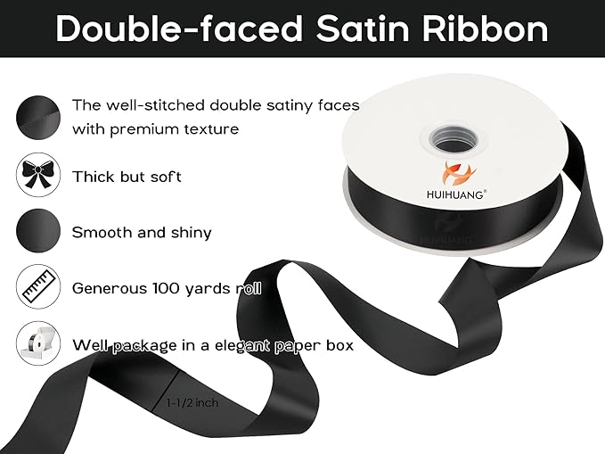 HUIHUANG Black Satin Ribbon 1-1/2 inch x 100 Yards Double-Faced Satin Ribbon for Flower Bouquet, Gift Wrapping, Eternal Roses, DIY Crafts, Bridal Shower Wedding Decor