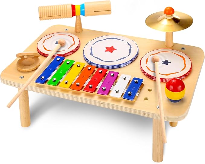 WINGYZ Baby Drum Set – 9-in-1 Wooden Musical Instruments for Toddlers 1-3, Montessori Music Toys with Xylophone, Drum, Cymbal & Tone Block, Early Learning Gift for Boys and Girls