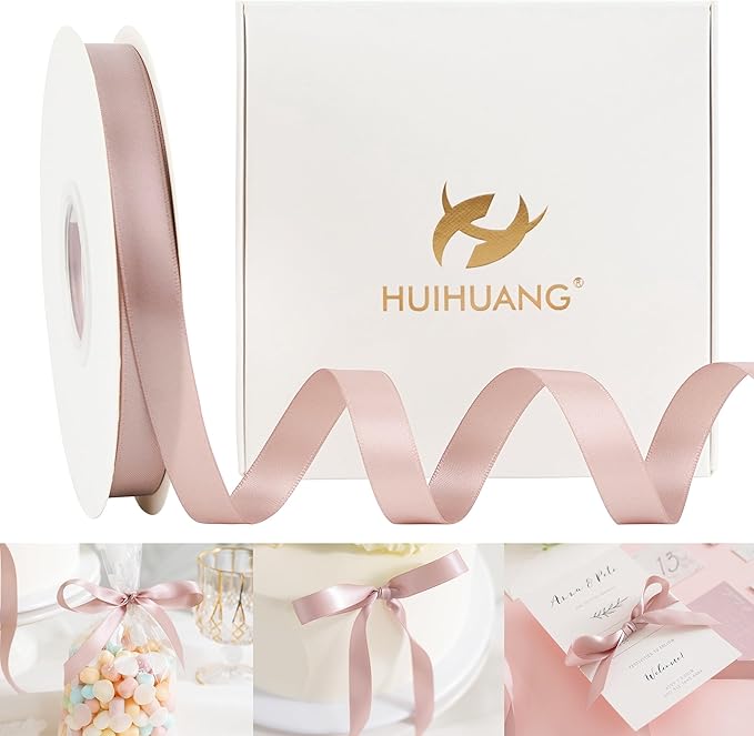 HUIHUANG Dusty Rose Rose Satin Ribbon 1/2 inch X 50 Yards Continuous, Dusty Pink Double-Faced Satin Ribbon for Gift Wrapping, Bows, DIY Crafts, Flower Bouquet, Wedding Bridal Shower Decor