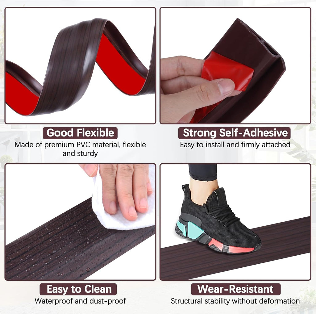 Vinyl Door Threshold Flooring Transition Strip Self Adhesive Carpet Edging Strip for Laminate Doorway Edge Threshold from 1/5" to 2/5" (Black Walnut Wood Grain, 6.6 Ft)