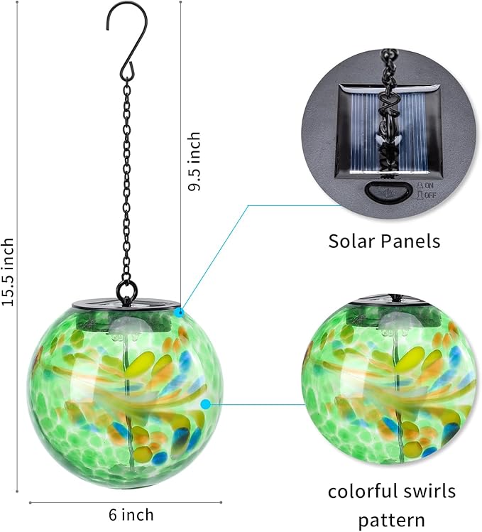 VCUTEKA Solar Hanging Lanterns, Outdoor Glass Gazing Ball Lights with Hook, Waterproof Energy-Efficient Solar Lanterns for Garden, Yard, Tree and Patio Decor, Green