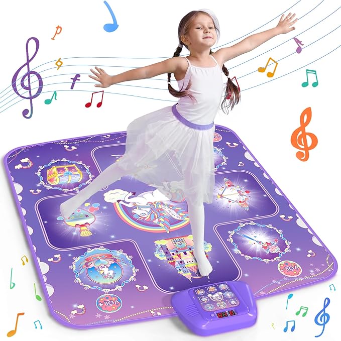 GirlsHome Dance Mat - Unicorn Toys for Girls Electronic Dance Pad with 5 Game Modes, Built-In Music, Touch Sensitive Light Up LED Kids Musical Mat, Christmas & Birthday Gift for Toddler Girls 3-12