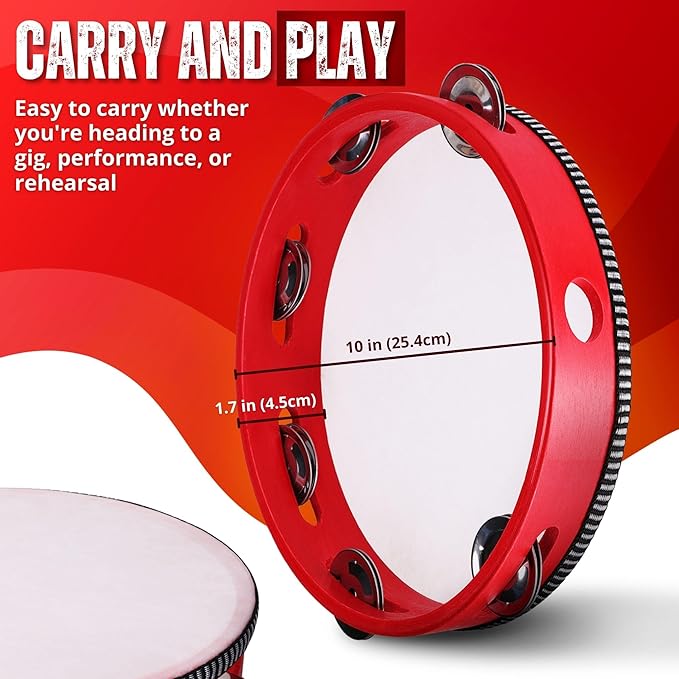 Flexzion Wooden Round Tambourine for Kids and Adults 10" Inch Single Row 8 Pair Jingles, Red Handheld Percussion Instrument for Beginner and Professional Tambourine Player