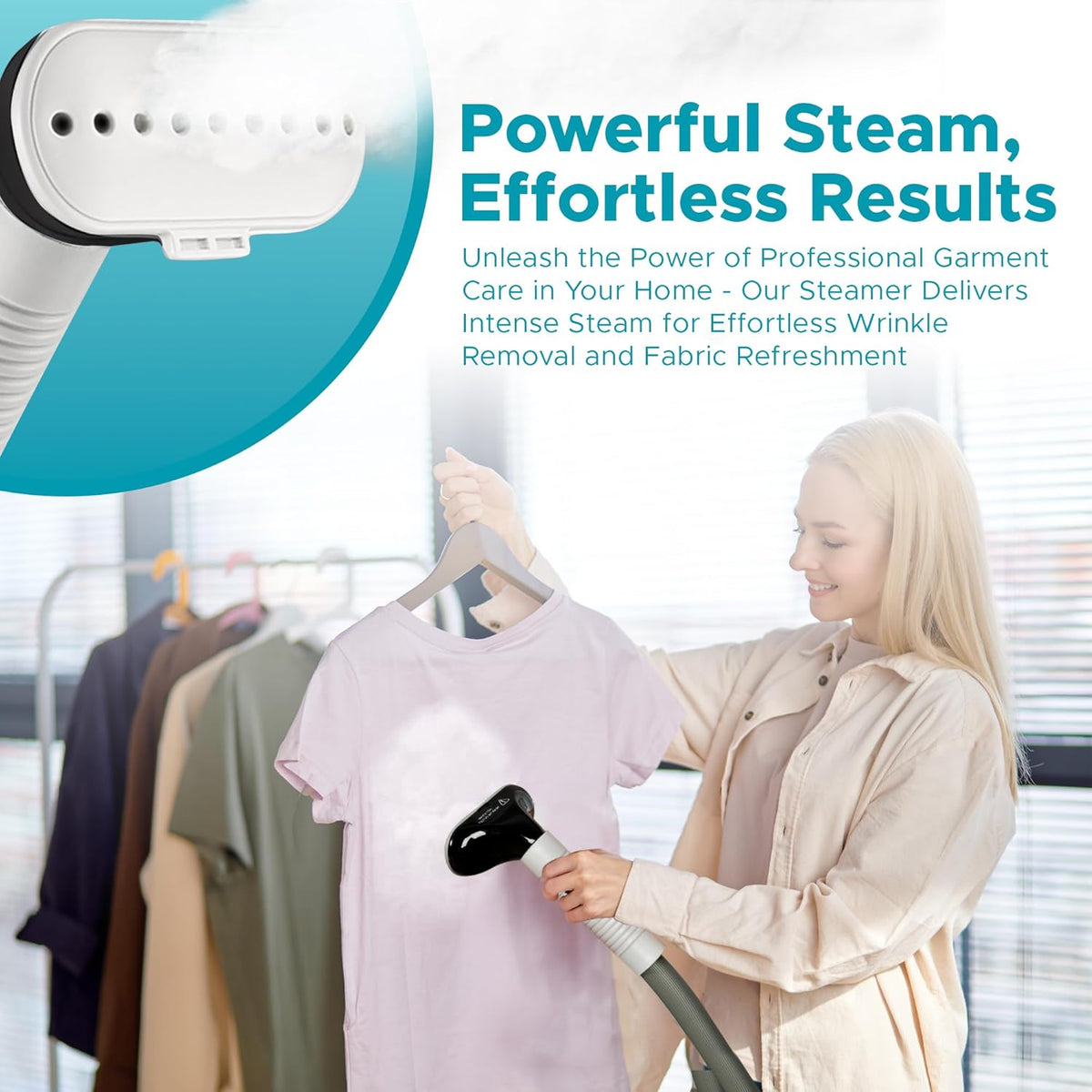 Steam & Go - The Rival Handheld Steamer - Upright Fabric Steamer for Clothes, Garments, Curtains, Bedding & Upholstery - Quick-Heating Foldable Steam Iron with Adjustable Pole Hanger & Detachable Tank