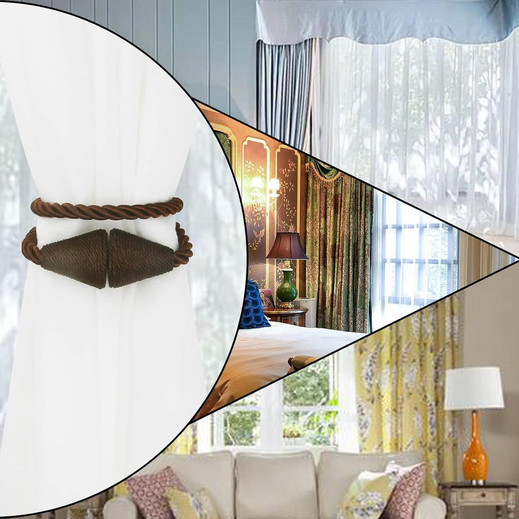 2 Pack Magnetic Curtain Tiebacks Rope Modern Handmade Curtain Tie Backs Decorative Drapes Weave Holdbacks for Window Décor, Coffee