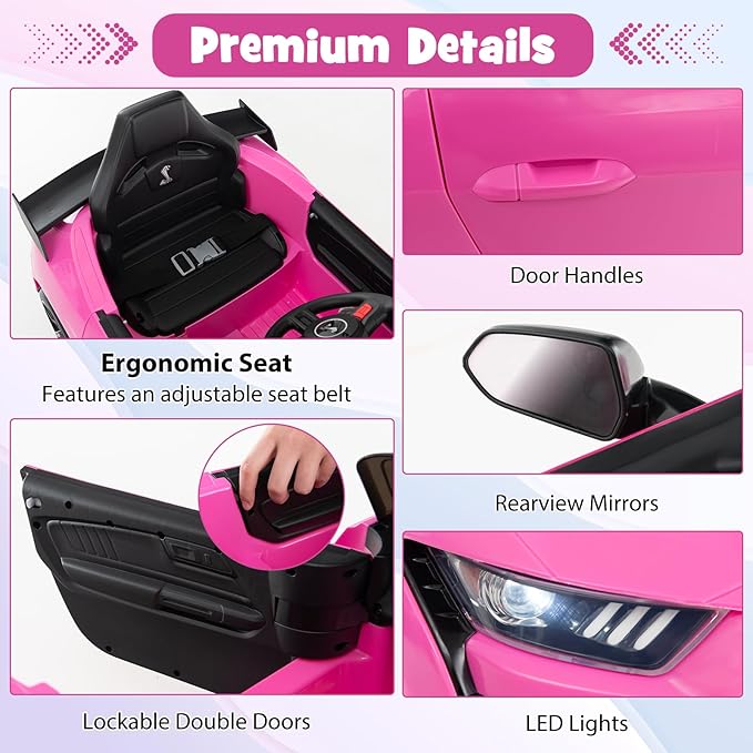 Costzon Ride on Car, 12V Licensed Ford Mustang Shelby GT500 Kids' Electric Vehicles w/Remote Control, USB Port, Radio, Music, Player, High Low Speed & Soft Start, Racing Kids Car for Toddlers (Pink)