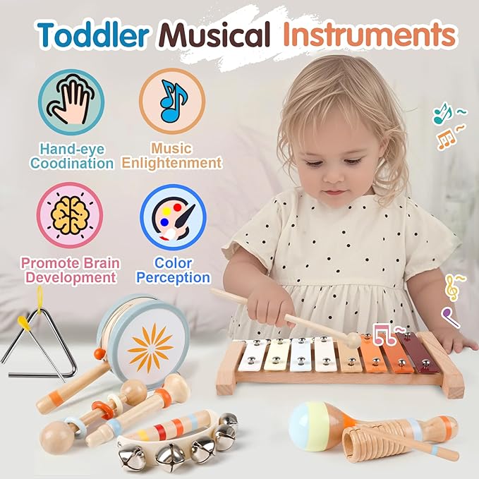 Toddler Musical Instruments-Montessori Wooden Educational Toys for Toddlers 1-3 Baby Musical Instruments Neutral Color Musical Instruments Set with Xylophone Maracas Bell Birthday Gift for Ages 1 2 3