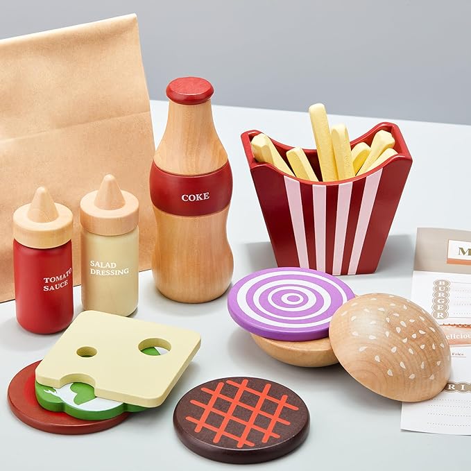 Wooden Play Food for Kids Pretend Hamburger Set Fast Food Toy Play Kitchen Accessories for Toddlers Toy Food Gift for Boys Girls Educational Toys