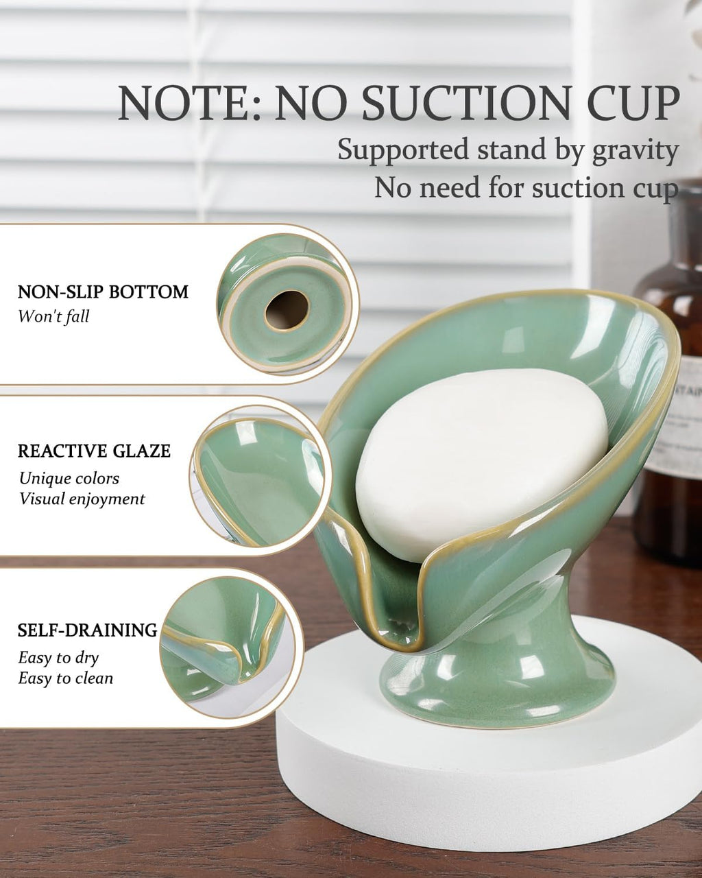 Soap Dish, Self Draining Bar Soap Holder for Bathroom Sink, Leaf Shaped Drainage Ceramic Mint Green Porcelain Decorative Soap Dish, No Suction Cup, ANTIS'S HOME