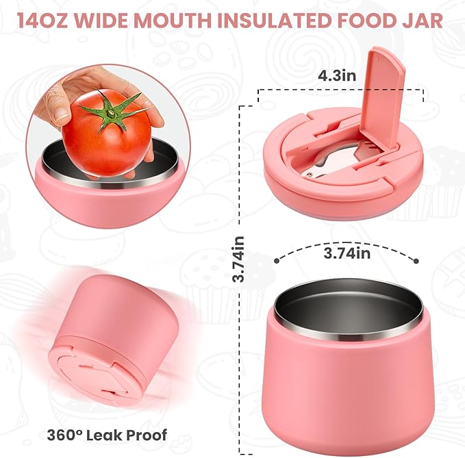 Soup Thermo for Hot Food Kids 14oz Lunch Containers with Buckle Lid Wide Mouth Hot Food Jar Vacuum Insulated Stainless Steel Bento Box Leakproof with Spoon (Dark Pink)