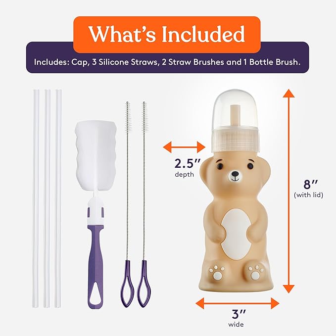 Special Supplies Honey Bear Straw Cup Long Straws, Squeezable Therapy and Special Needs Assistive Drink Container, Spill Proof and Leak Resistant Lid (Pack of 1 Bottle and 3 Straws) (Brown)
