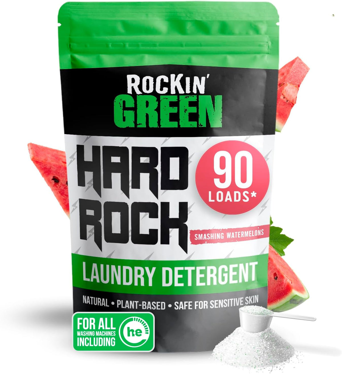 Rockin' Green Hard Rock Laundry Detergent for Hard Water (90 Loads), Plant based, Natural Laundry Detergent Powder, Biodegradable Odor Fighter, Safe for Sensitive Skin, 45 oz (Smashing Watermelons)