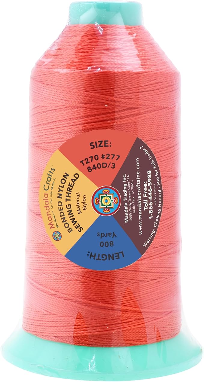Mandala Crafts Bonded Nylon Thread Coral Heavy Duty Sewing Threads - 800 YDs Size 277 840D T270 Tex 270 Thread for Leather Jeans Weaving Outdoor Marine Upholstery Threads