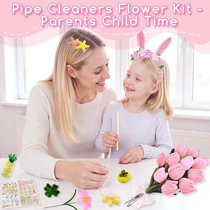 601PCS Complete Pink Pipe Cleaners Flower Kit–Pastel Pipe Cleaners for Flowers, DIY Craft Supplies for Projects, 6 Colors, with Floral Wires, Tape, Glue Sticks, Ribbon, Stamen, Manual & Video Tutorial