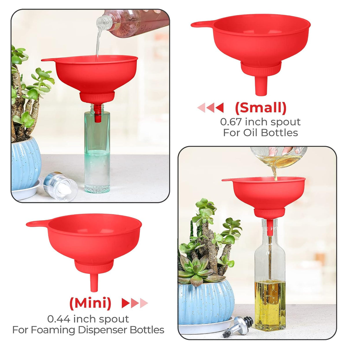 Wide Mouth Kitchen Funnel, Food Grade Plastic Cooking Canning Funnel with 4 Sizes Spouts for Filling Wide and Regular Mason Jars, Spray Dropper Oil Bottle Jug Spices Shampoo Sauce