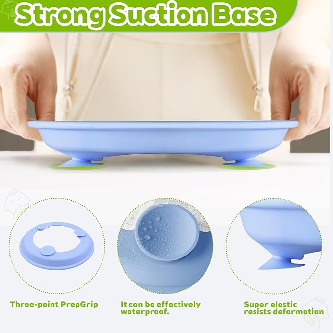 3-Pack Stainless Steel Baby Plates with Suction, BPA-Free Stainless Steel Kids Plates, 9” Divided Toddler Plate for Dishwasher Safe, Non-Slip Silicone Base, Detachable (Blue, Green, Purple)