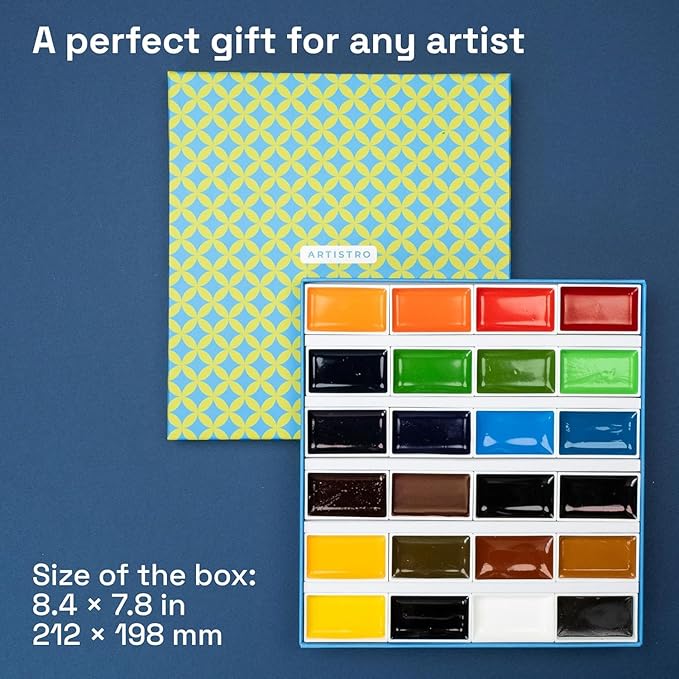 ARTISTRO Professional Watercolor Paint Set for Adults - 24 Pigment-Rich Colors, XL Pans, ASTM-I Lightfastness, High Tinting Strength Watercolor Set for Professionals made by Professionals