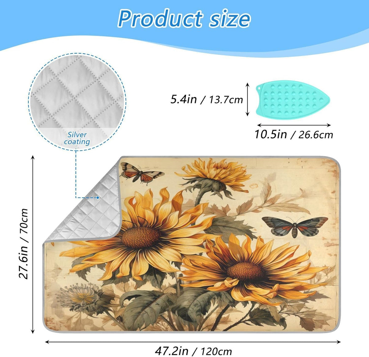 Retro Sunflowers and Butterflies Ironing Mat Thickened Ironing Blanket Travel Portable Double-Side Using Ironing Pad Travel Isolate Heat Pad Cover for Washer Dryer Table Top Countertop 27.6x47.