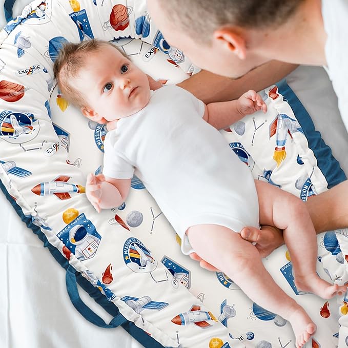 Baby Lounger Cover for Boys Girls, Reversible Baby Nest Cover, Adjustable Baby Lounger Replaceable Cover for Infant Newborn, Portable and Machine Washable, Cotton Blue Rocket Cover Only